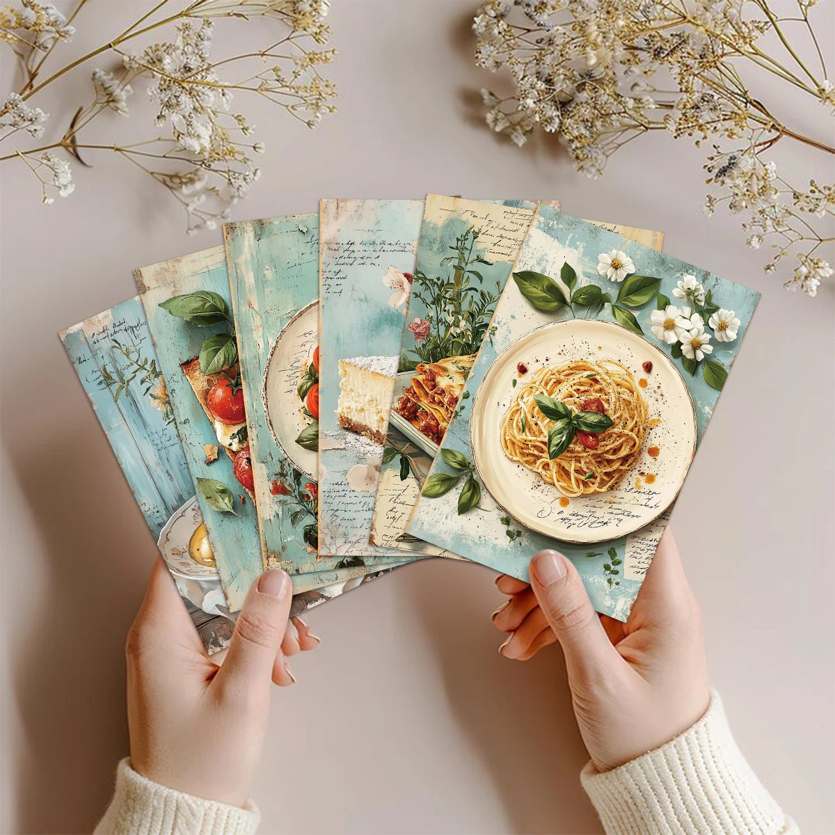 20 Stück Vintage-Postkarten mit Lebensmittelmotiven, italienische Küche als Themen, ästhetischer blauer Stil für Scrapbook, Küchendekoration, Collage-Kunstkarten – Detail 4
