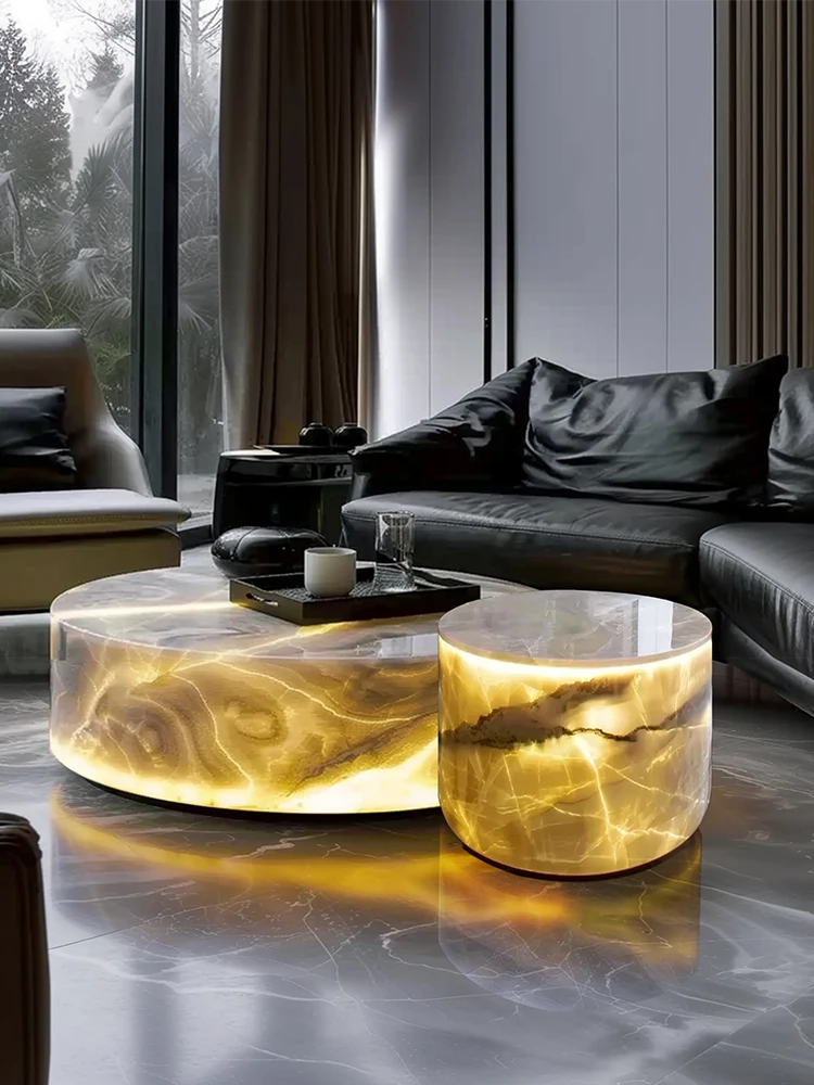 Luminous jade round tea table Italian custom living room natural modern minimalist high sense art tea table combination