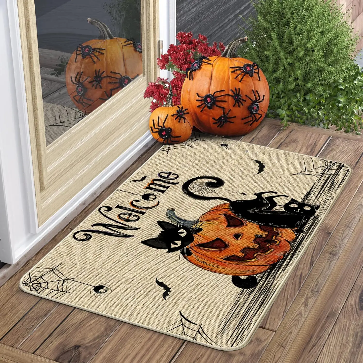 VIKAMA Halloween Doormat Pumpkin Black Cat Welcome Mat Indoor Outdoor Entryway Rug Halloween Home Decor