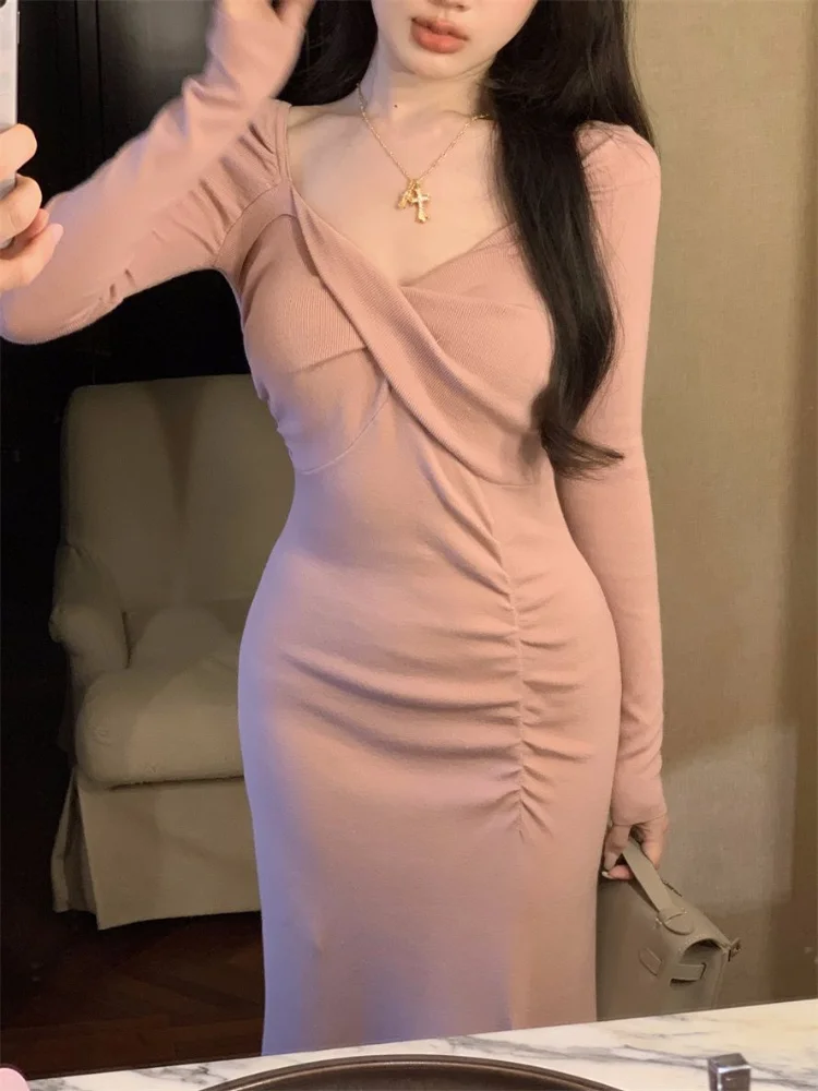 Winter Pink Vintage Sweet Dress Women Flods Designer Elegant Midi Dress Female Casual Korean Fashion One Piece Dress 2023 New