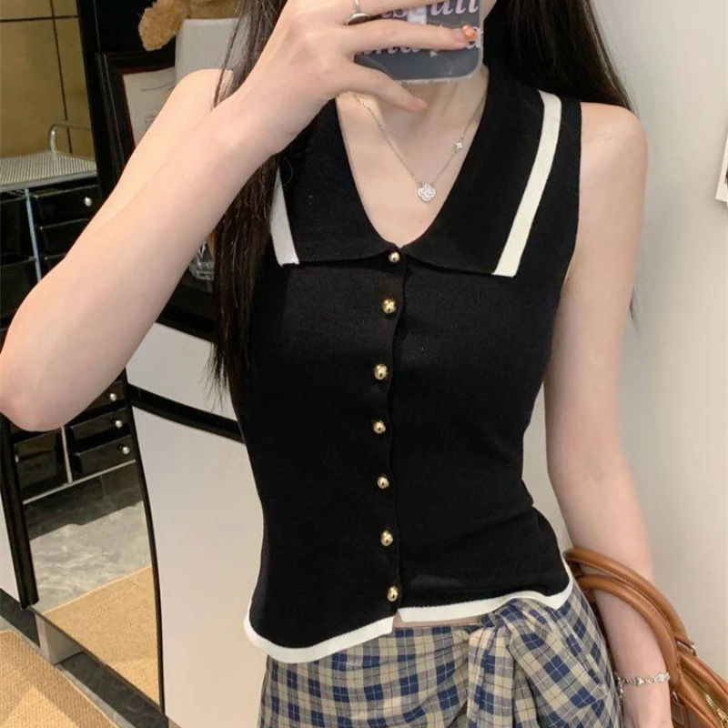 

Polo Collar Knit Vest with Gold Button Contrast-Trim Sleeveless Button-Front Cardigan Vest Women Spring Summer 2026 Trendy