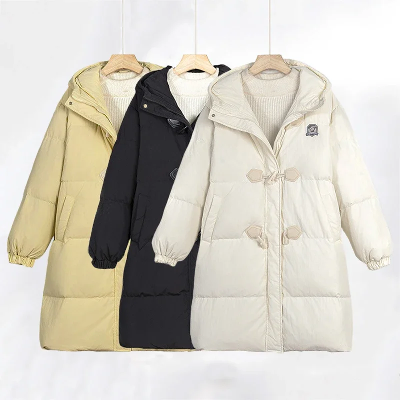Women Hooded Cotton-padded Jacket Mid-Length Horn Button Down Coat Thermal Solid Thicken Preppy Style Parkas Warm Winter Outwear