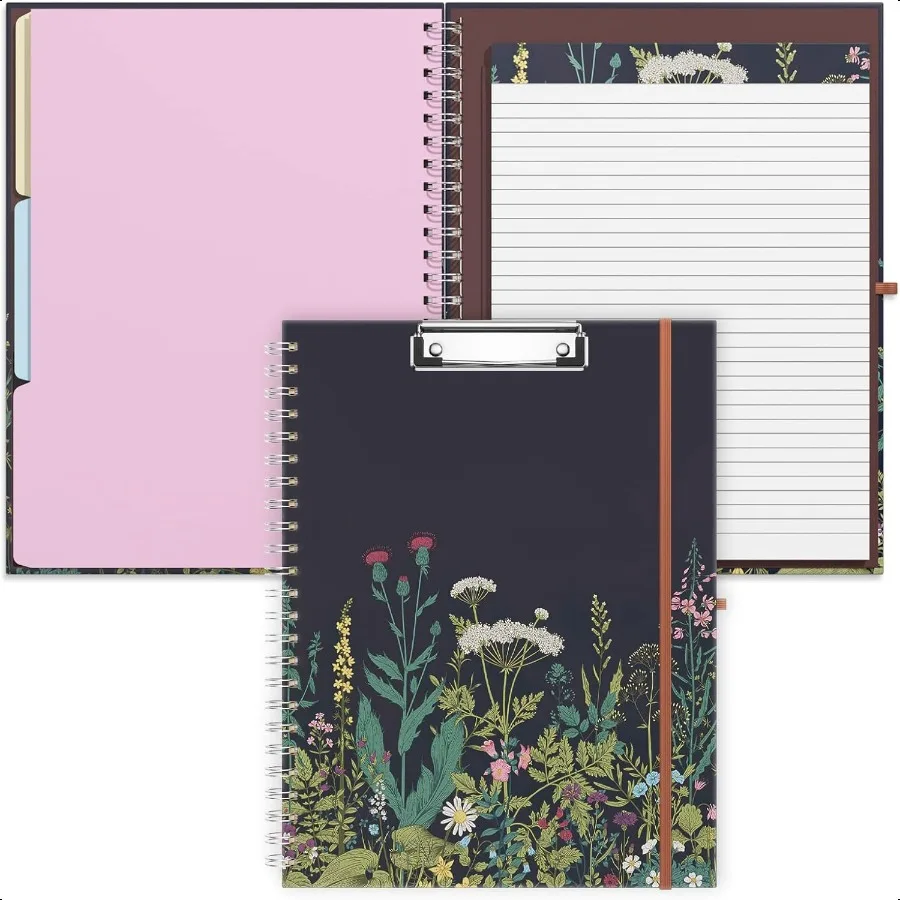 

Spiral Clipboard Folio with Refillable Lined Notepad 14.5 x 9.8 in Hardcover Cover with 5 Interior Pockets Elastic Band and Pen