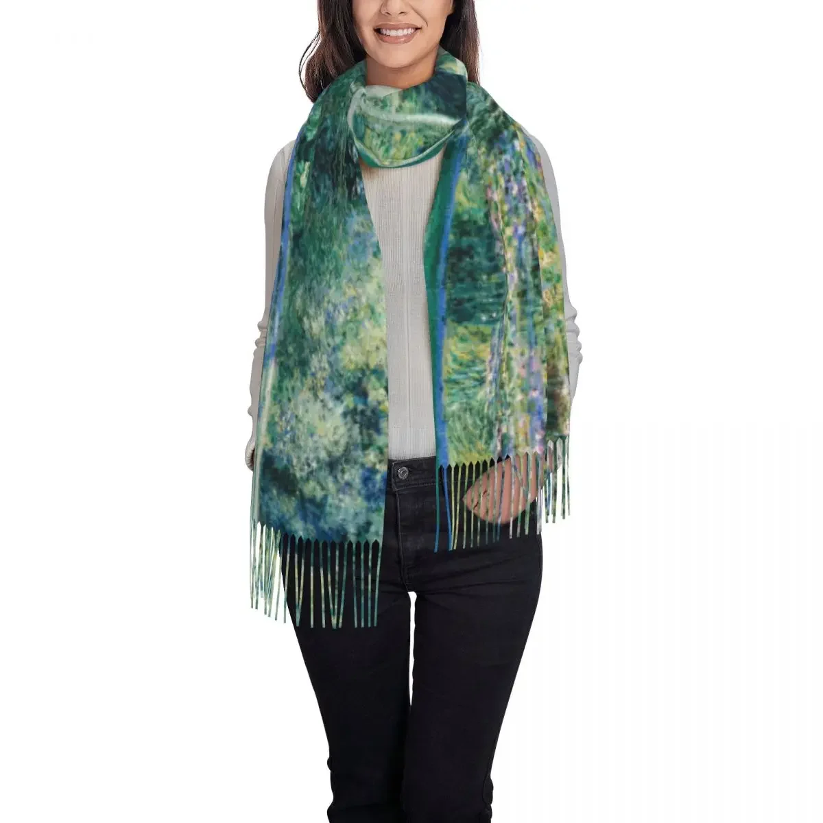 Fashion The Waterlily Pond Green Harmony Tassel Scarf Winter Fall Warm Shawls Wraps Claude  Water Lilies and Bridge Scarves