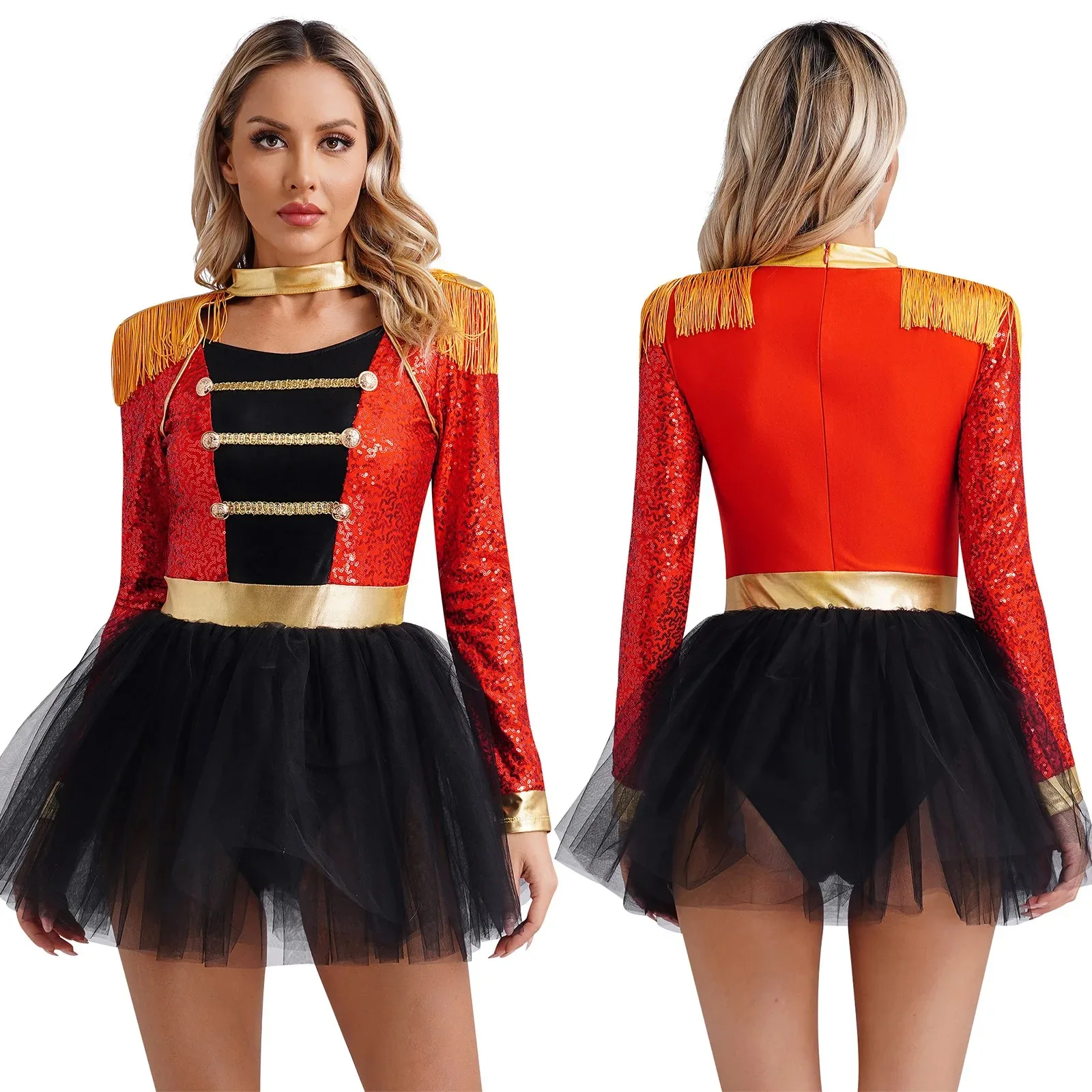 Women Circus Ringmaster Cosplay Costume Long Sleeve Fringe Bodysuit Dress Halloween Theme Party Carnival Performance Clothes