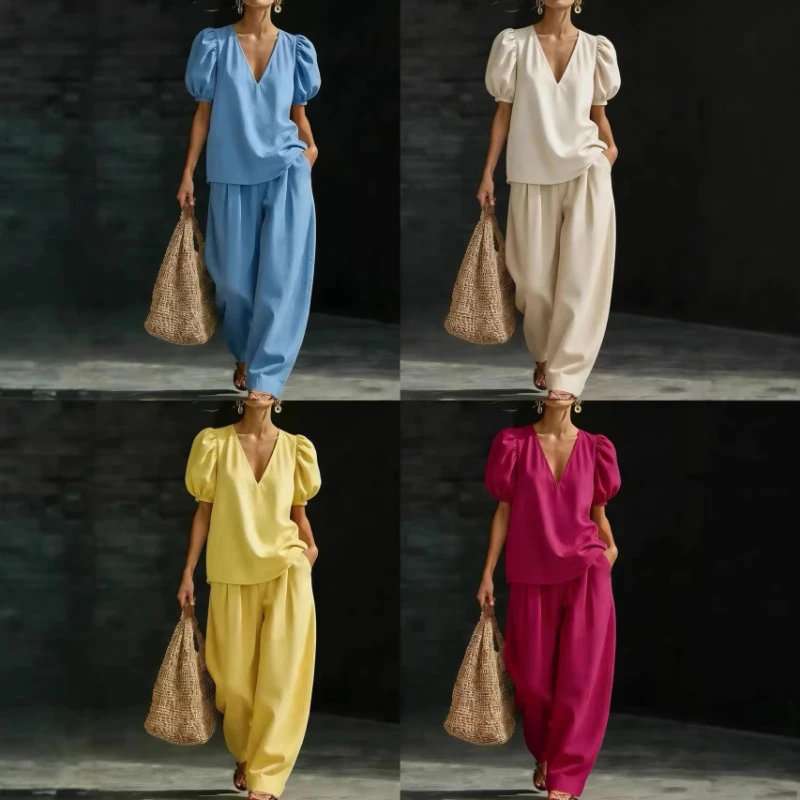 2026 Spring/Summer New Bubble Sleeve V-neck Short Sleeve Top and Pants Solid Color Two Piece Set