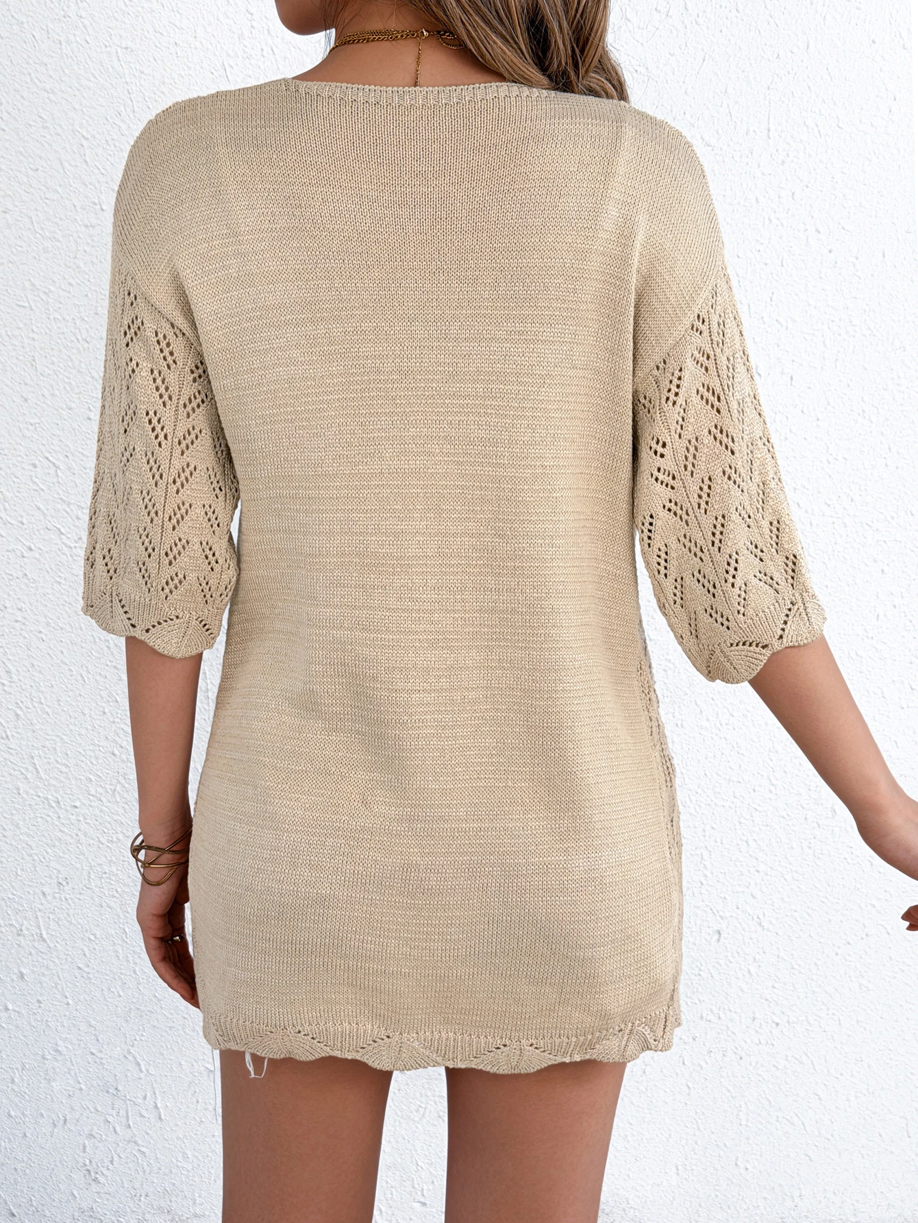 Spring Summer Knitted Cardigan Women Casual Short Sleeve Hollow Out Sun Proof Shirt Midi Length Beach Cover Up Top Khaki Apricot