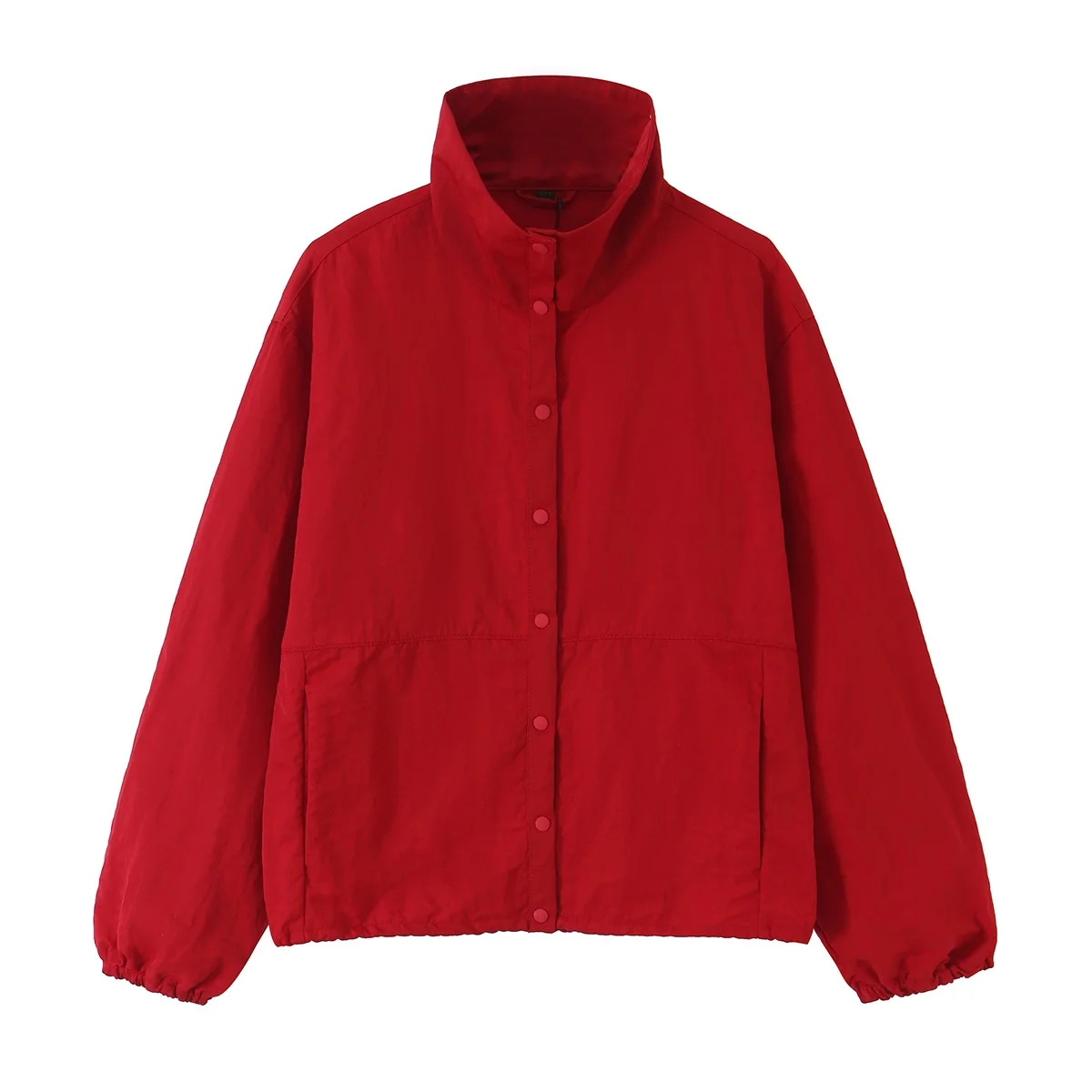 Autumn New Women's Long Sleeve Stand Collar Button Decorated Coat Elastic Drawstring Hem Casual Style Polyester Fiber