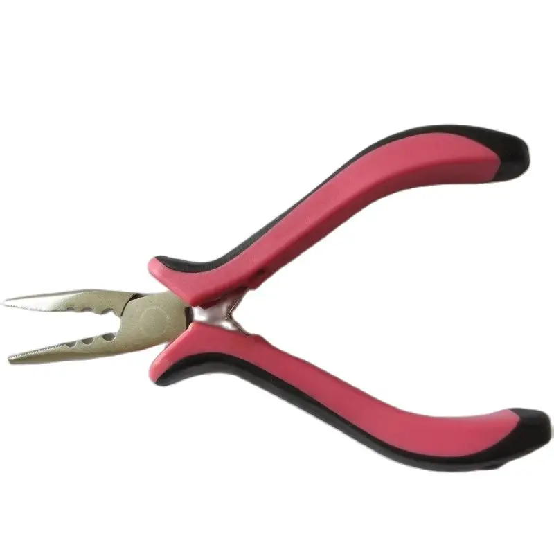 1 piece Pink handle carbon steel straight nose plier with 3 holes Feather hair extension clamp