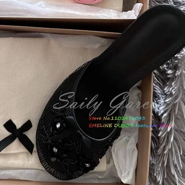 Pink Mesh Sequin Slide Beaded Chinese Slippers Floral Embellished Shoes Summer Round Toe Wine Glass Heel Black Low Heel Mules