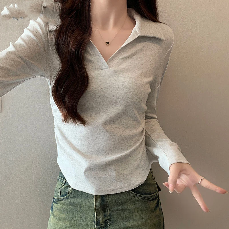 Spring Autumn New Turn-down Collar Long Sleeve Fashion T-Shirts Women High Street Pullovers Vintage Elegant Pure Cotton Tops