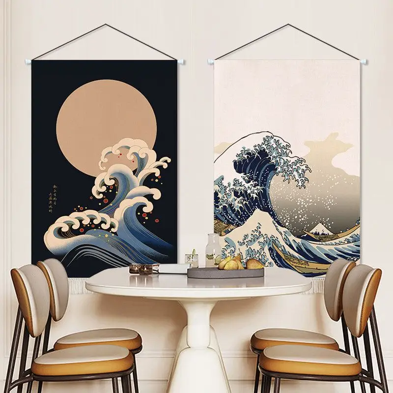 Japanese Ukiyo‑e Wave Tapestry Wall Hanging, Kanagawa Great Ocean Wave Moon Art Tapestry for Living Room Bedroom Home Wall Decor