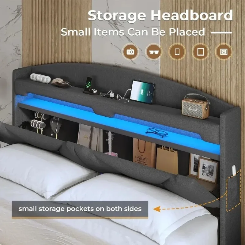 q Floating Bed Frame King Size with USB-C/A Charging Station, LED Bed Frame