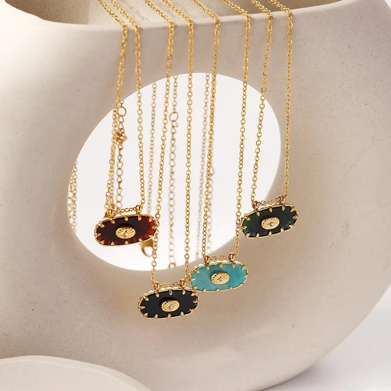 HangZhi Oval Natural Stone Resin Pendant Necklace Vintage Stainless Steel Clavicular Chain Europe America Jewelry for Women New