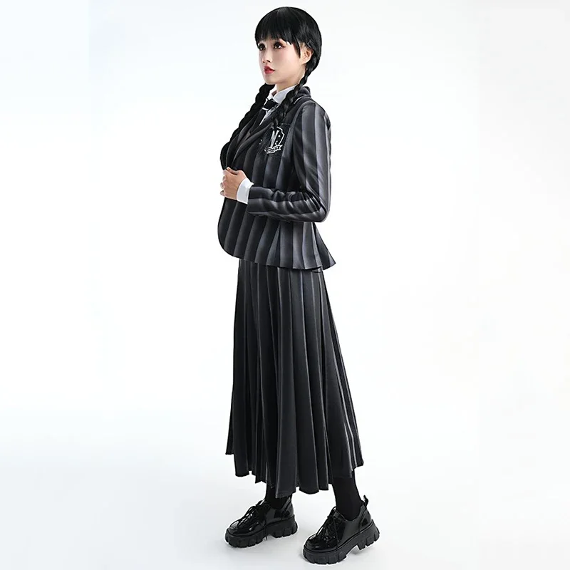 Wednesday Addams Cosplay Costume for Girls Kids Wednesday School Uniform Wig Full Suit Halloween Party Women Clothes Costumes