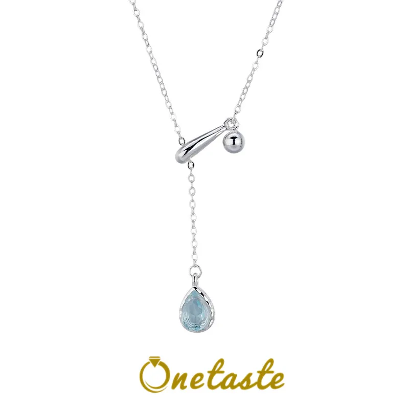 

925 Sterling Silver Lariat Y Long Chain Necklace Women Blue Cubic Zirconia Teardrop Charm Dainty Trendy Chokers Necklaces Gift