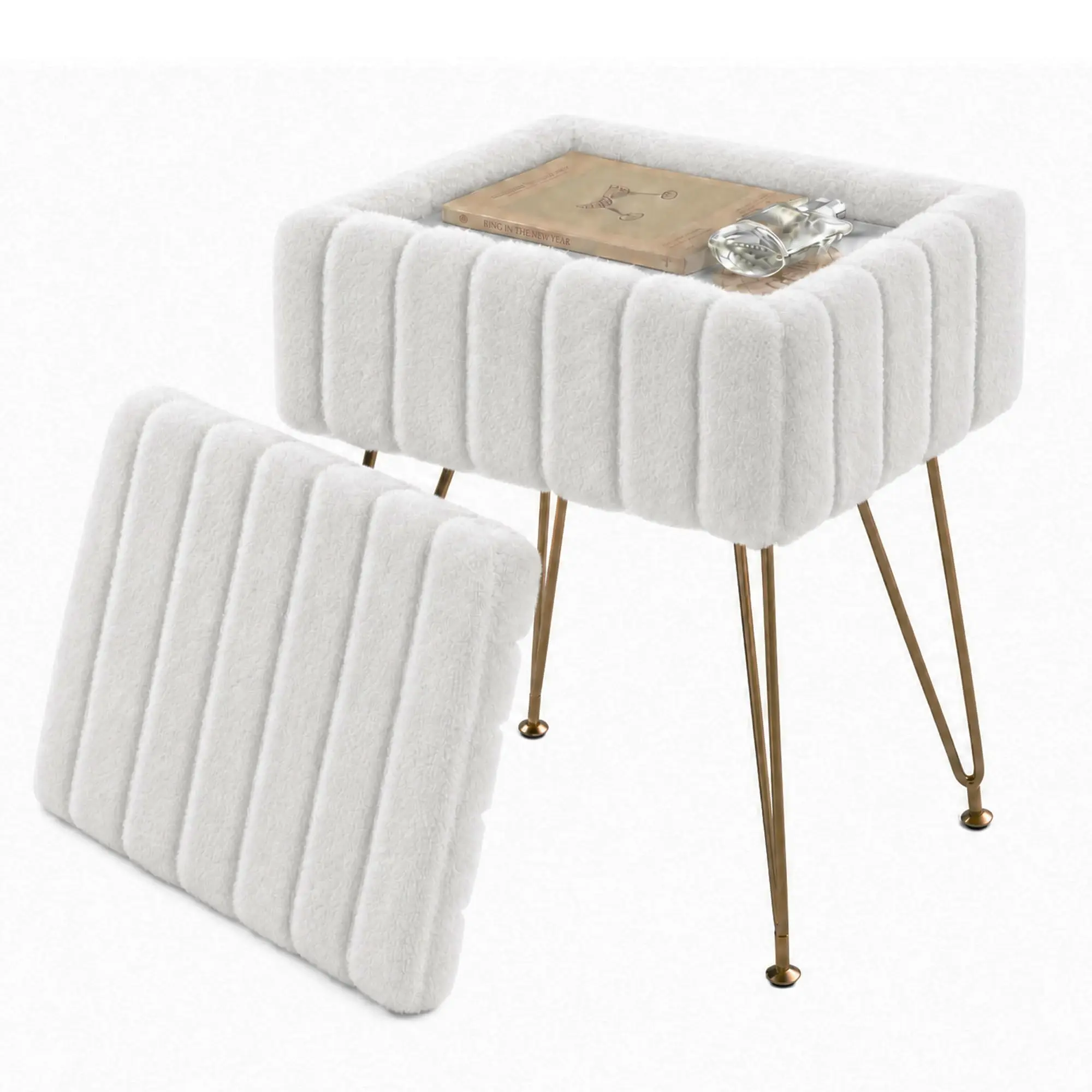 Vanity Stool With Storage, Faux Fur Ottoman With Gold Metal Legs, Soft Padded Makeup Seat Foot Rest For Bedroom Living Room
