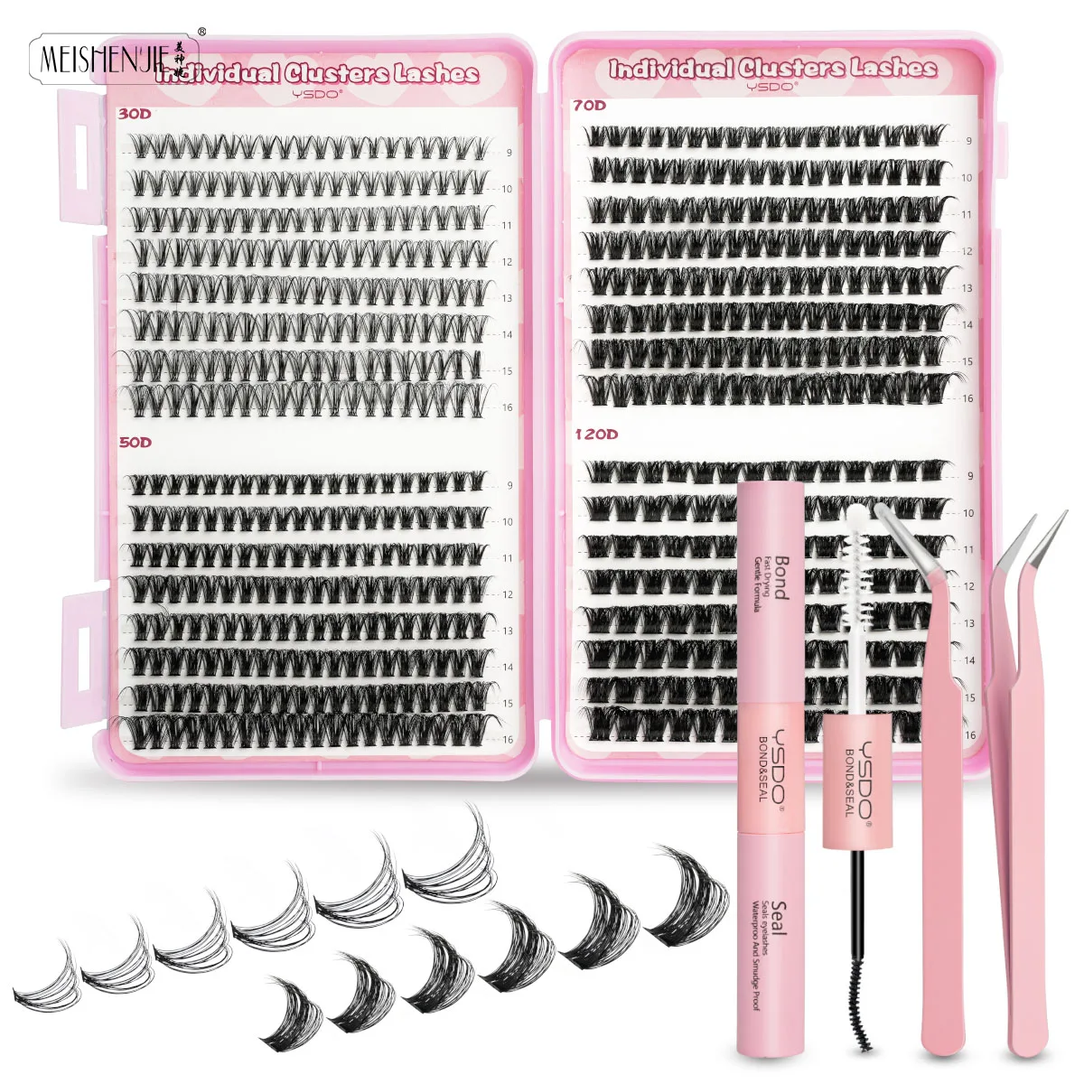 16Rows Individual Lash Clusters Kit with Waterproof DIY Lash Kit Lash Bond And Seal and Eyelash Tweezers Set Extension Lashes