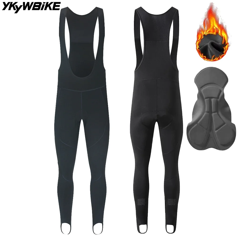 YKYWBIKE Men Winter Cycling Long Bib Pants Tights 5-15°C Thermal Fleece Road Bike Long Pants MTB Bike Mountain Bicycle Bib Pants