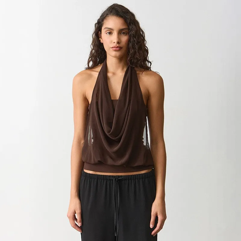 Summer Clothes Tank Top Women Slim Fit Cut Out Camisole Backless Ruched Brown Sleeveless Top Flowing Drape Sheer Panel Vest