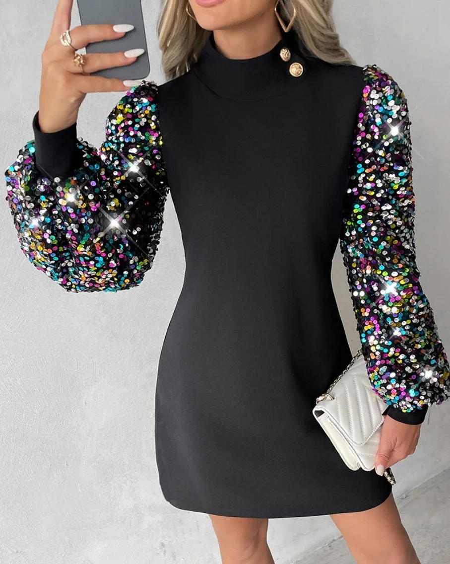 Fashion Sequin Dresses For Women 2024 Autumn New Casual Lace Lantern Sleeve Mock Neck Buttons Street Elegant Ladies Dresses