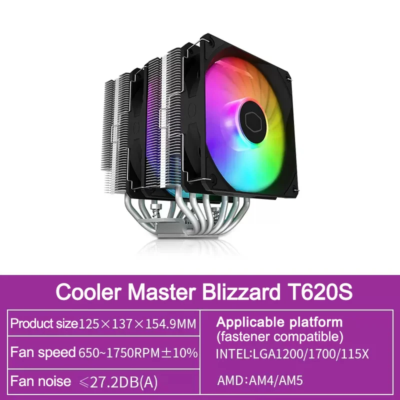 Cooler Master T620S Double Tower 6 Heat Pipe CPU Cooler Nickel Plated Copper Bottom ARGB Fan Radiator For LGA1700 1200 115X AM4