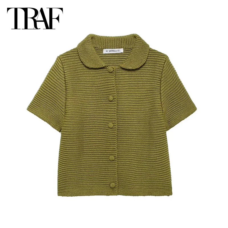 TRAF Outerwears Women's Elegant Sweater Coat 2024 Autumn Ladies Fashion Casual Short Sleeve Knitted Armygreen Beige Sweater Coat