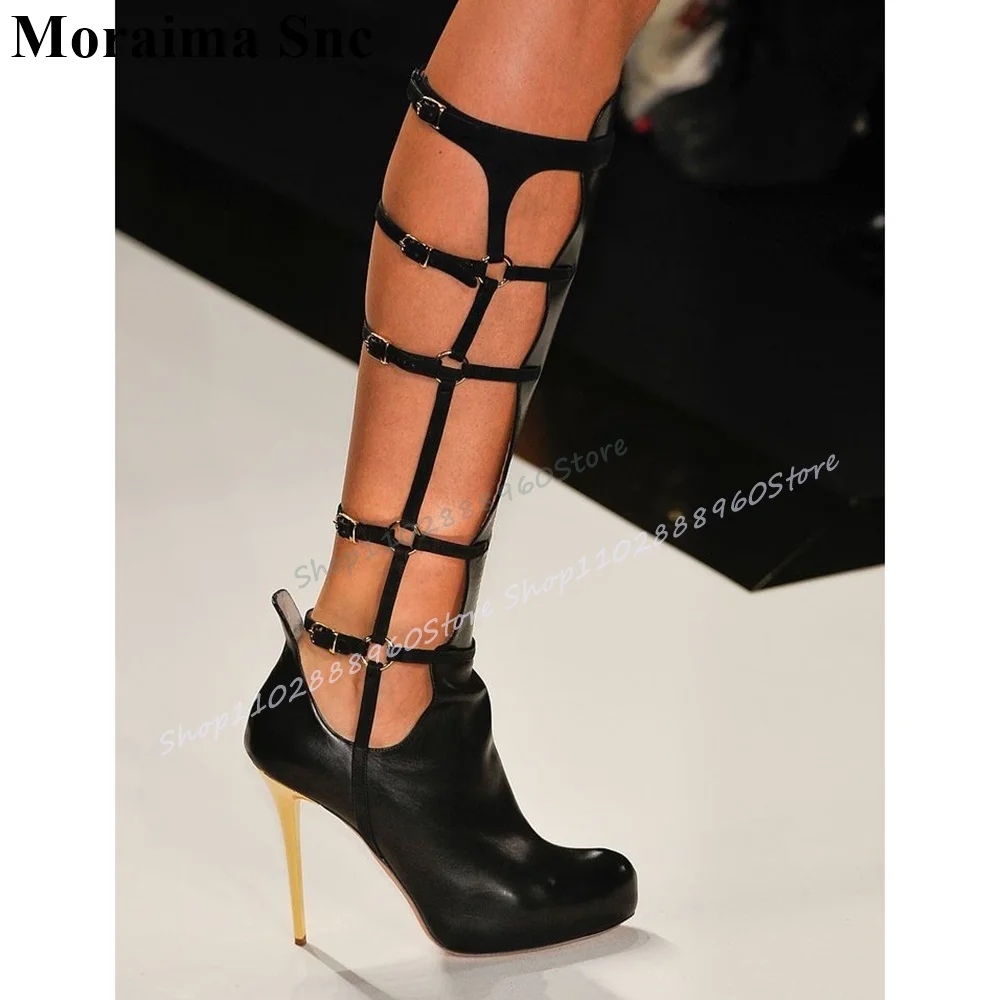 

Knee High Black Buckle Strap Net Sandal Boots Thin High Heel Shoes For Women Side Zipper Pointed Toe 2025 Zapatos Para Mujere