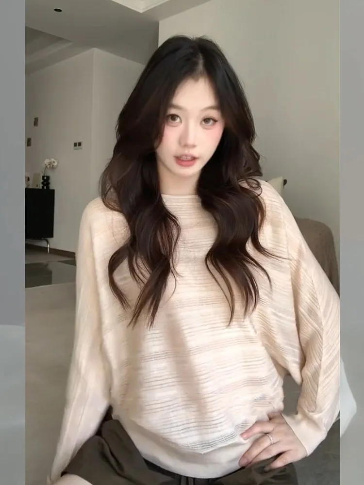 Loose Long Sleeve Knitted Sweater Women's Style Shoulder Bared Korean Loose Fit Autumn Top Lazy Style Base Layer Shirt