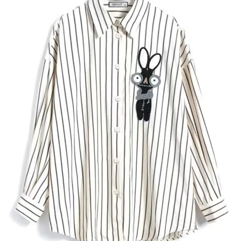 Women\'s Clothing Spring Autumn Cartoon Striped Contrast Color Button Long Sleeve Turn-down Collar Cardigan Shirt Commute Tops