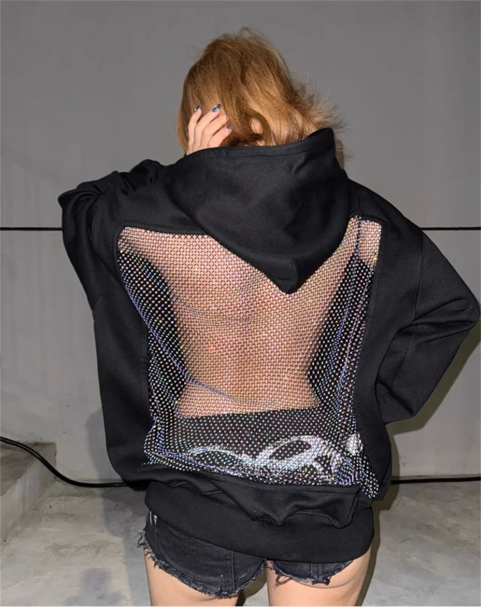 

Women's Fashion Translucent Pullover Sweatshirt American Gothic Sexy Hollow Mesh Hoodie Y2K Clothes Casual Long Sleeves Jacket