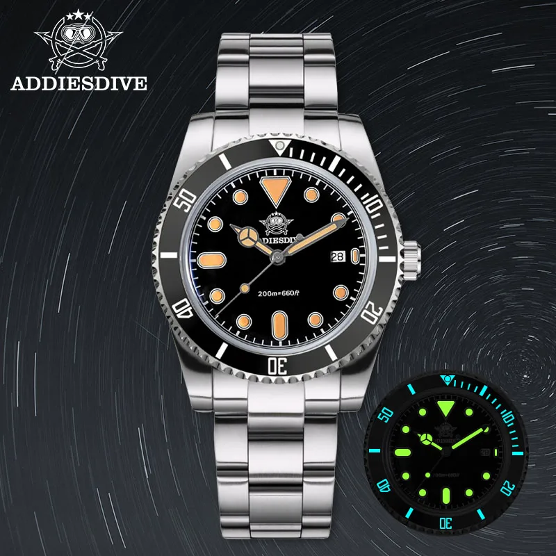 ADDIESDIVE Men's Watch Stainless 39mm Ceramic Bezel Bubble Glass Retro BGW9 Luminous Quartz Watches 200m Waterproof Diver Watch