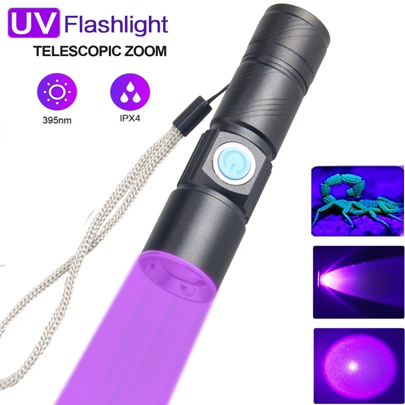 

Mini 395 Uv Lamp Waterproof Uv Detector Scorpion Black Light Portable Built-In Battery Usb Rechargeable Zoom Led Uv Flashlight