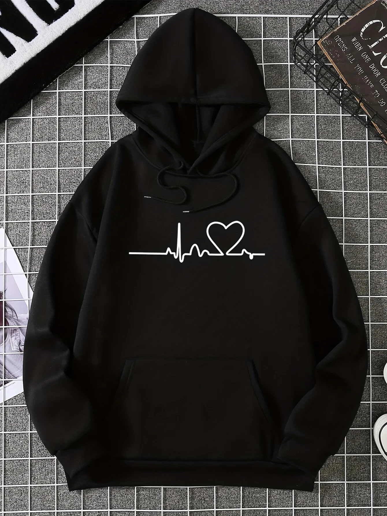 Heart Rate Print Kangaroo Pocket Hoodie, Casual Long Sleeve Drawstring Hoodies Sweatshirt, Women\'s Clothing