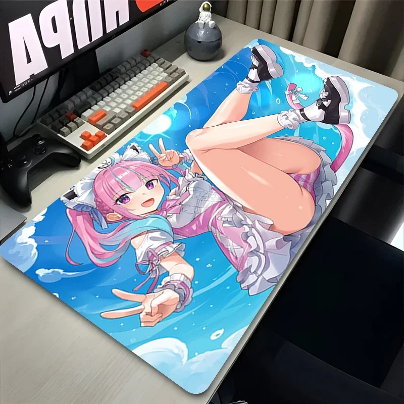 Anime Mouse Pad Gamer XXL Keyboard Mat Pink Twin Hair Cat Maid Girl Clear Sky Cloud Peace Sign Anime Office Gaming Home Desk