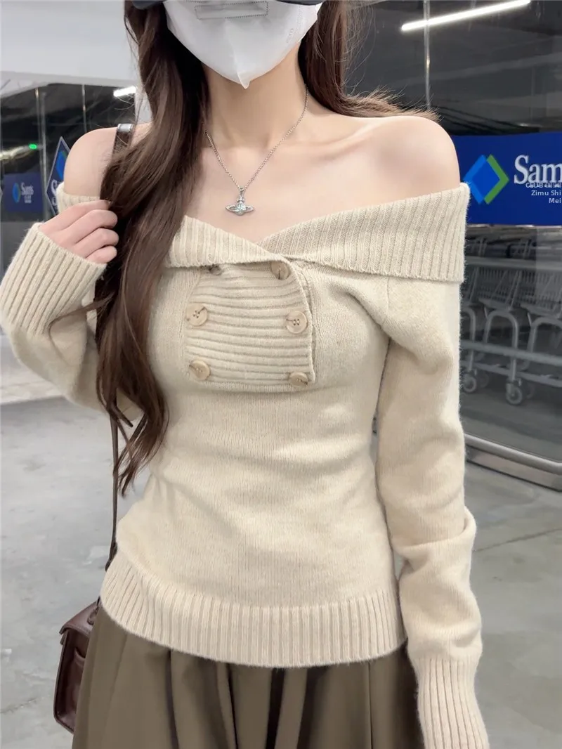 

Вязаный шерстяной свитер с открытыми плечами для женщин: облегающий топ для ранней весны, модный дизайн для молодых девушек