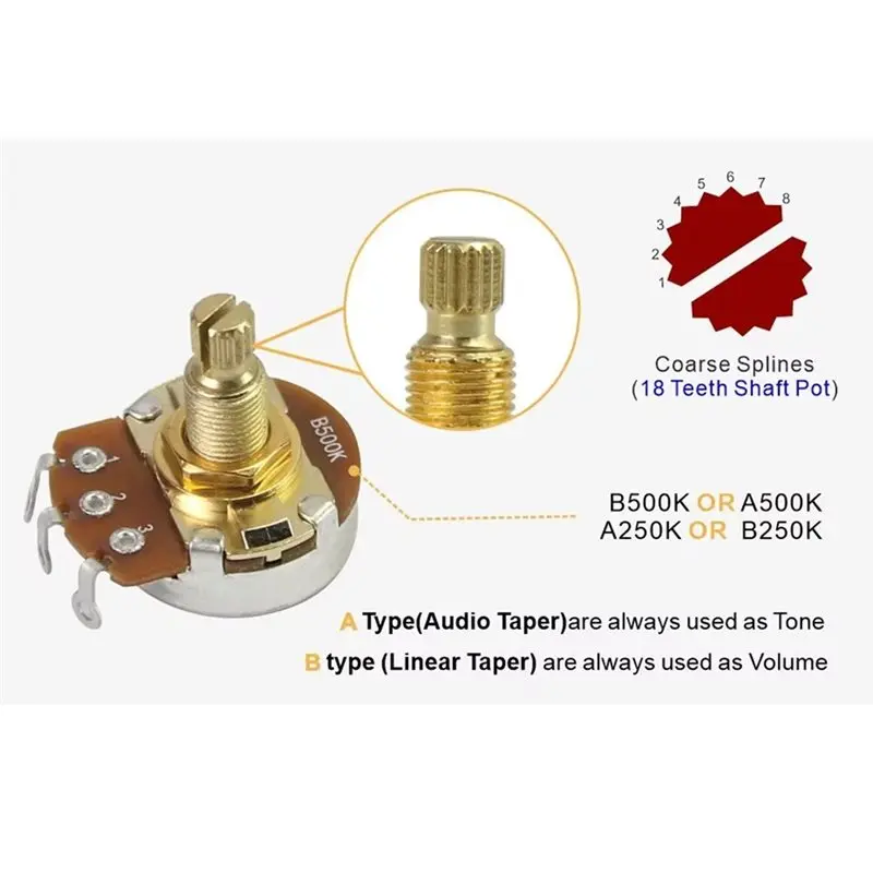 ABLB-12Pcs Golden Long Shaft Guitar Potentiometers 500K 18-Splines Pots Guitar Parts