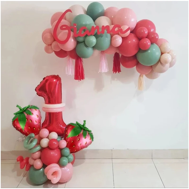 30pcs Strawberry Number Foil Balloon set Strawberry First 1st 2rd Birthday Party Decorations for Girl Sweet Fruit Party Supplies