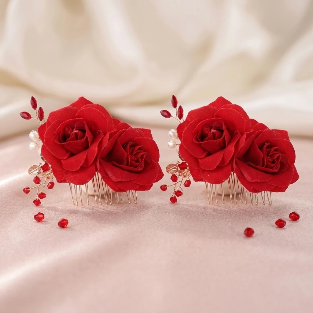 2pcs Hair Comb Alloy Floral Rose-flower Hairpiece for Wedding Party Banquet Elegant Updo Styling Accessories Women Girls