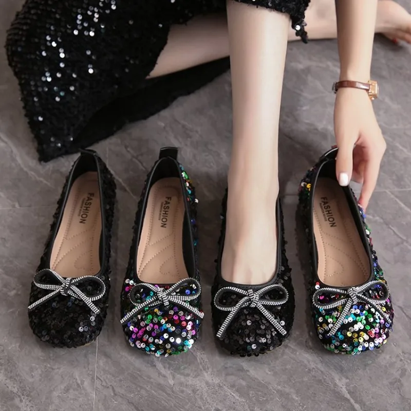 

Women's Sequin Ballet Flats Rhinestone Bow Slip on Round Toe Soft Sole Sparkly Dress Shoes Party Wedding Evening Prom Fashion