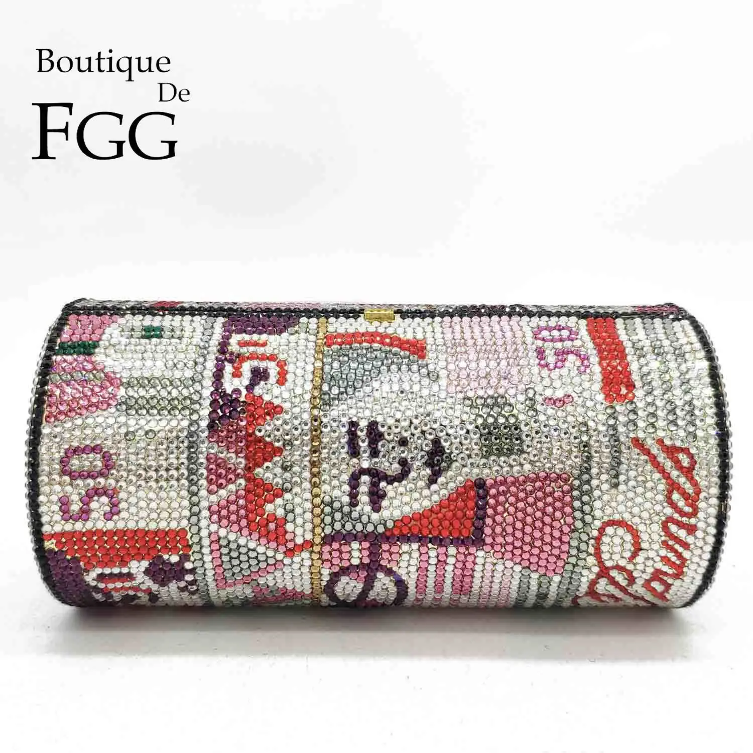 Boutique De FGG Hand-Made Round Barrel of Cash Women Money Purses Crystal Clutch Evening Bags Party Dinner Handbags