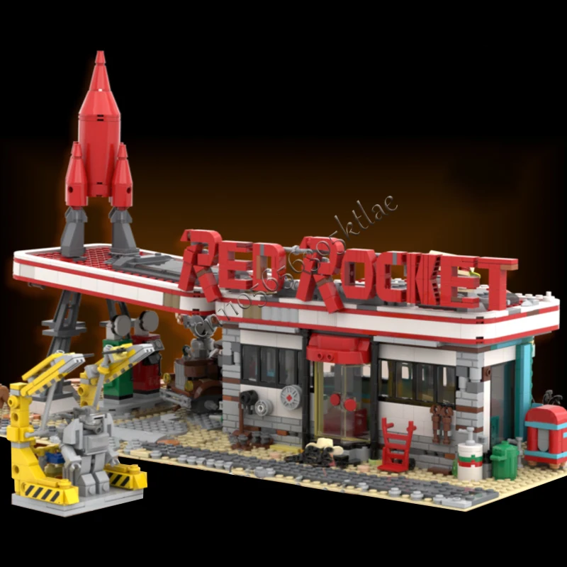 1996 PCS 창의적인 도시 거리 풍경 레드 로켓 모듈식 주유소 (폴아웃 MOC 빌딩 블록 모델 장난감) 어린이 크리스마스 선물