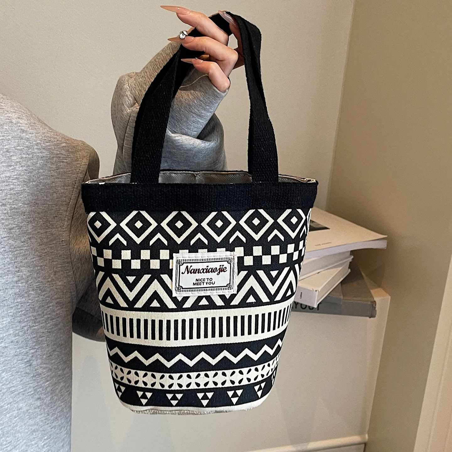 

Холщовая сумка-корзина для овощей, вместительная женская сумка, сумка-ведро с принтом в этническом стиле, литературная сумка-ведро