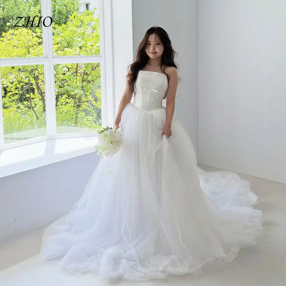 ZHIO Princess White Wedding Dress Strapless Bow Satin Fluffy Tulle Korea Photo Shoot Bridal Reception Gown Cutsom 웨딩드레스