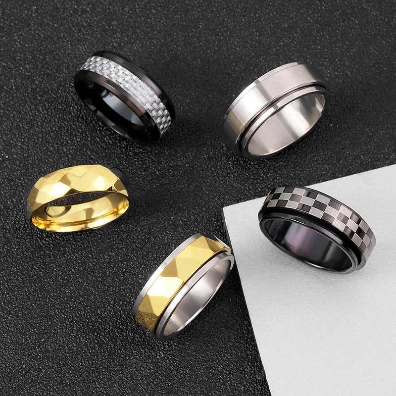 Men Stainless Steel Spinner Ring Checkerboard Geometric Faceted Cutting Rotatable Wide Gold Silver Black Two‑Tone Unisex Jewelry