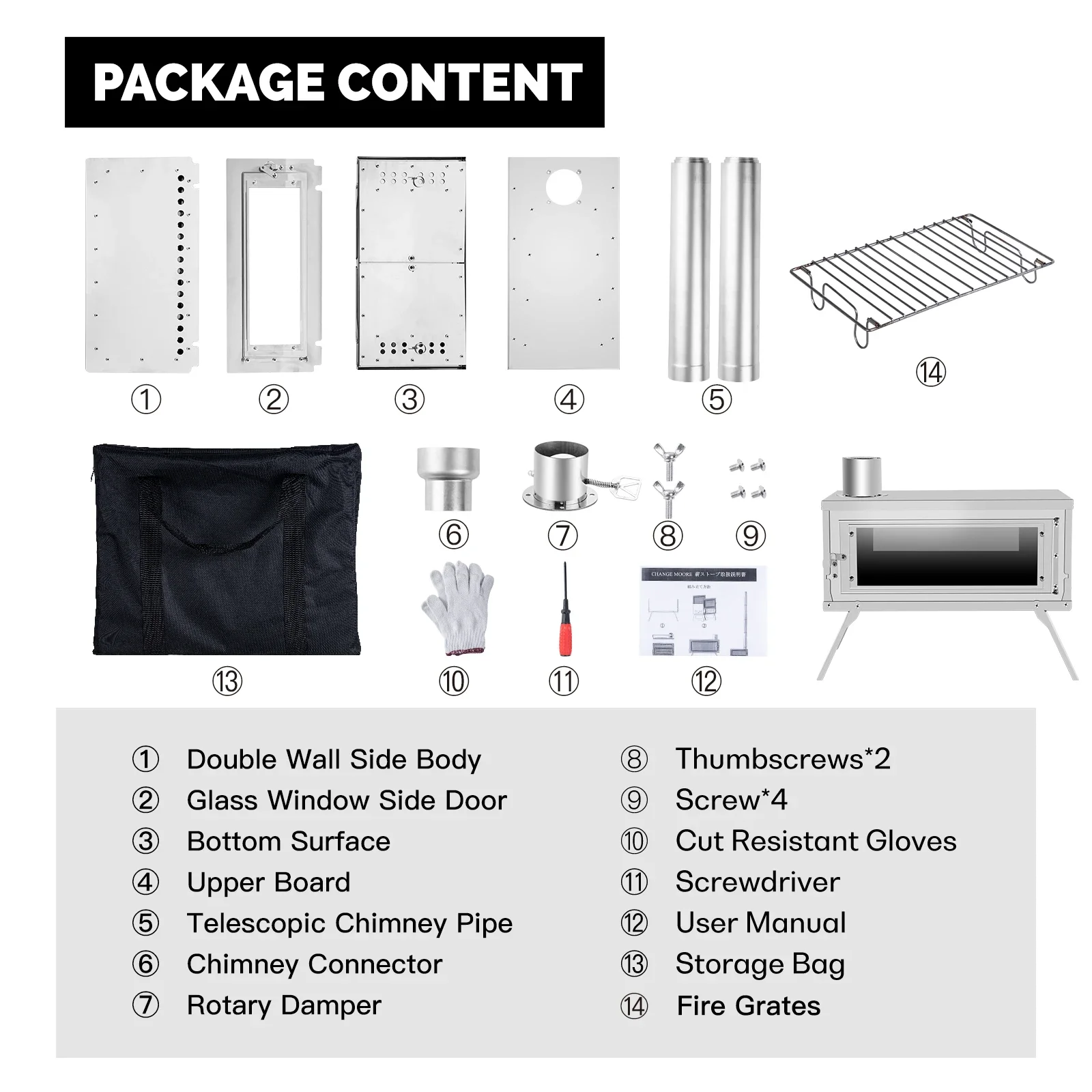 CHANGE MOORE Outdoor Portable Folding Secondary Conbustion Camping Wood Stove Detachable Burning Wood Stove Winter Camping