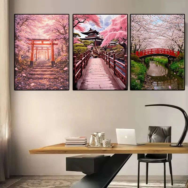 Japanese Garden Scene Cherry Blossom Trees Poster Sakura Pond Beautiful Landscape Canvas Painting Wall Art for Room Home Decor