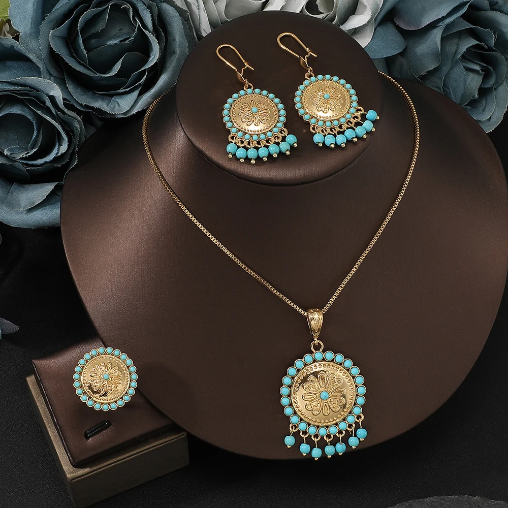 Arab Hot sale Jewelry Sets bohemian tassel pendant Necklace Earring Ring  Set stainless steel golden  for Women Wedding jewelry