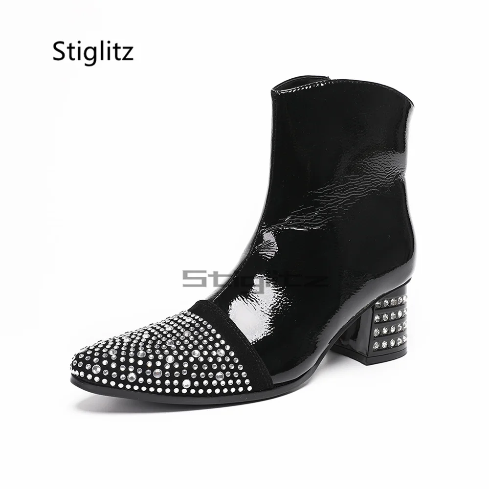 Full Rhinestone Pointy Black Chelsea Boots for Men Rhinestone Chunky Heels Side Zipper Ankle Booties Fashion Party Wedding Shoes