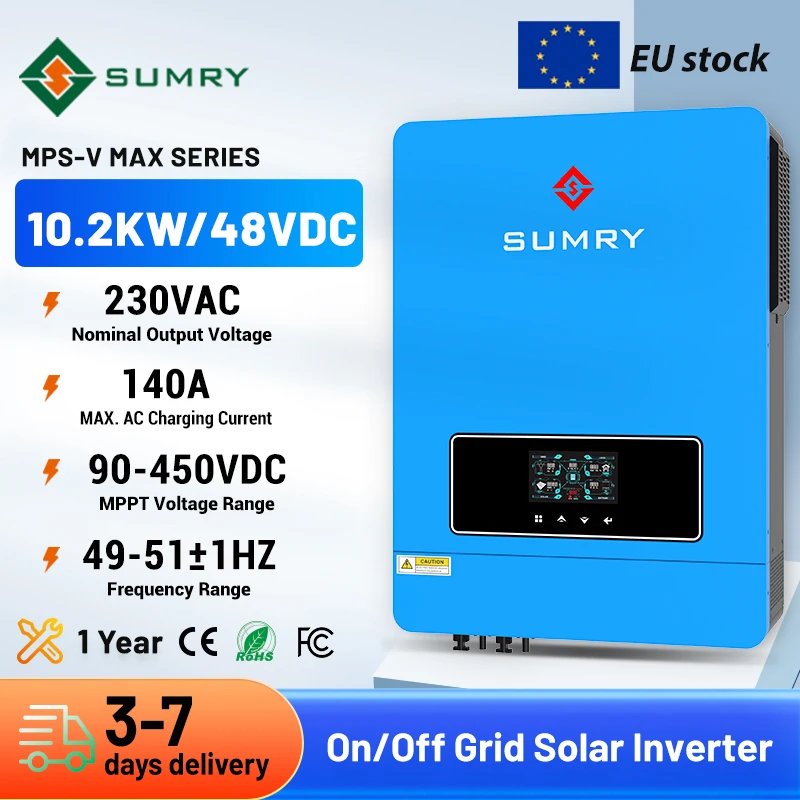 Sumry 10200 W Hybrid-Solar-Wechselrichter 220/230 V 48 V Ein/Aus-Gitter-Wechselrichter PV-Eingangsspannungsbereich 90–500 V 160 A MPPT-Solarladegerät